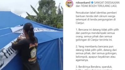 Anggota ormas tertentu mencabut label pemberi bantuan tenda untuk korban gempa Cianjur.