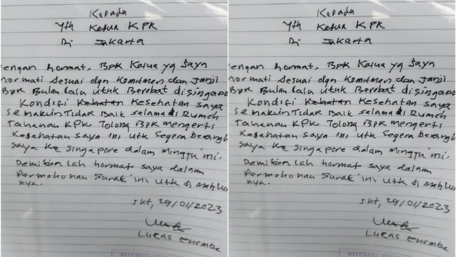 Surat tersangka kasus korupsi Lukas Enembe untuk Ketua KPK Firli Bahuri